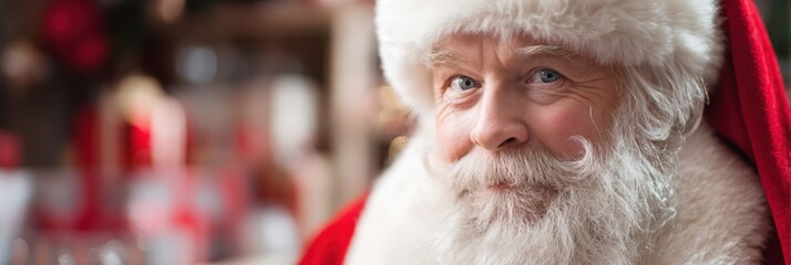 Santa Claus wearing a red hat and white beard against a plain background, festive holiday portrait.