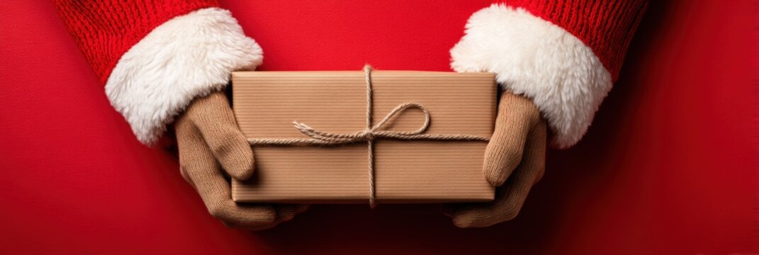 Person holding a brown paper-wrapped package tied with brown string against a neutral background.