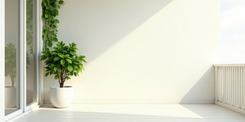 Fototapeta premium Serene Balcony Scene with Potted Plant and Climbing Vine Against a White Wall