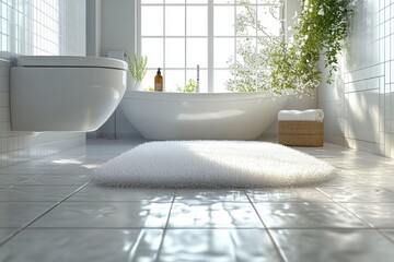 Bright modern bathroom with white bathtub, fluffy bath mat, hanging toilet, rolled towels in basket, and abundant green plants by large window