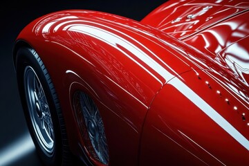 Close-up of a glossy red vintage car's curved fender and wire-spoke wheel under dramatic lighting, highlighting smooth reflections and classic design elegance