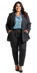 Professional full-body portrait of a plus-size Hispanic woman in a charcoal pinstripe suit, standing naturally with a slight smile on a white studio backdrop. Ideal for business, corporate,