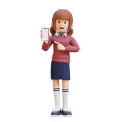 3D girl character holding a cell phone and pointing to it