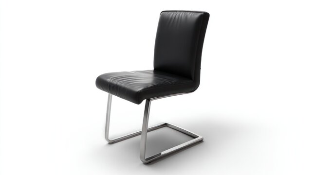 Black leather and chrome dining chair in angled position, soft drop shadow, clean white background, high-res for product display