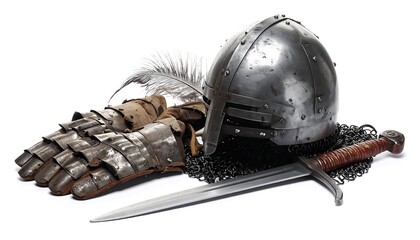 Medieval armor helmet sword and gauntlet lay on white background isolated view