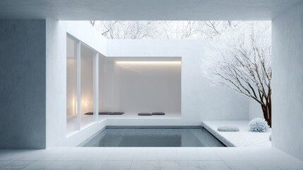 Fototapeta premium Winter Oasis Minimalist Pool Courtyard with SnowDusted Tree, and Serene Design.