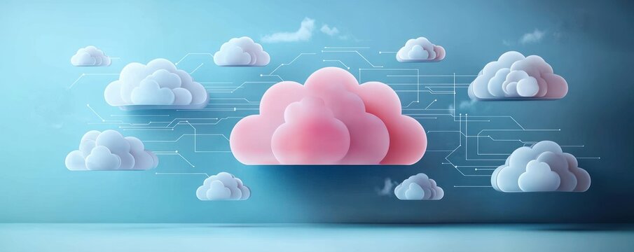 3d rendered image of multiple connected clouds with one central pink cloud symbolizing cloud computing and data networking on blue background