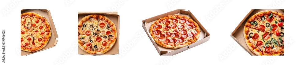 Poster set of assorted pizzas in cardboard boxes. isolated on transparent background