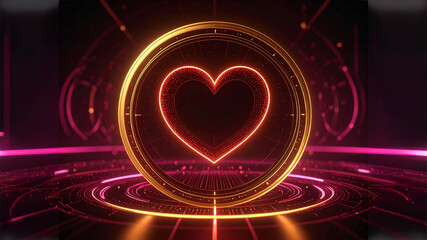 A glowing red heart pulses at the center of a futuristic digital interface, surrounded by concentric rings and neon circuitry. The sci-fi aesthetic evokes themes of artificial intelligence, emotion, a