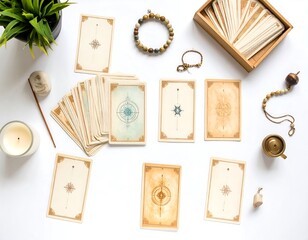 Tarot cards arranged on a white surface with decorative elements and accessories. Features a top-down view with antique aesthetics