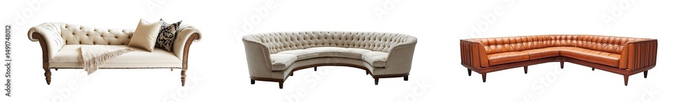 Poster different styles of tufted sofas displayed. isolated on transparent background