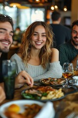 Happy young woman smiling at the camera while dining with friends at a restaurant with various dishes and drinks on the table