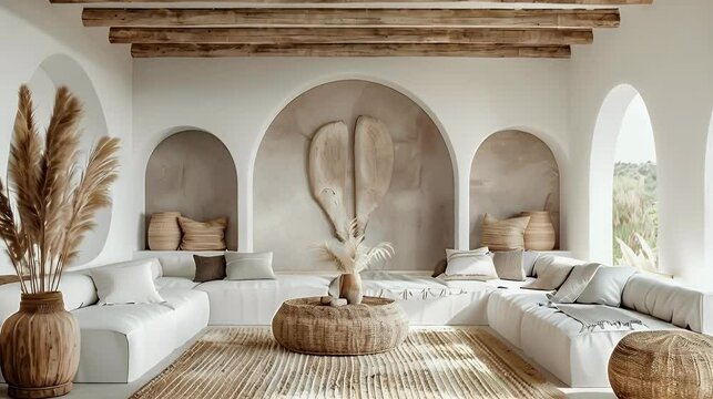 Boho Mediterranean interior design in a modern home's entryway with arched walls.