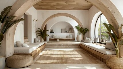 Boho Mediterranean interior design in a modern home's entryway with arched walls. - Powered by Adobe