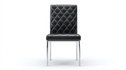 Dining chair with quilted black leather backrest and chrome legs, centered and isolated on a white background, product catalog style