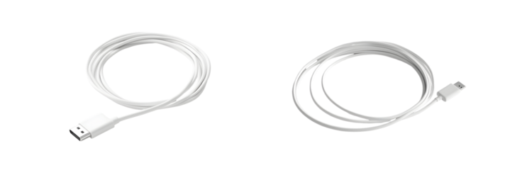 Set of coiled white computer cables with connectors. isolated on transparent background