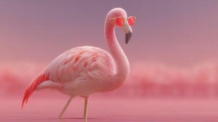Fototapeta premium Pink Flamingo with Sunglasses: A charming flamingo, adorned with stylish heart-shaped sunglasses, poses elegantly against a dreamy pink backdrop, radiating coolness and tropical vibes.
