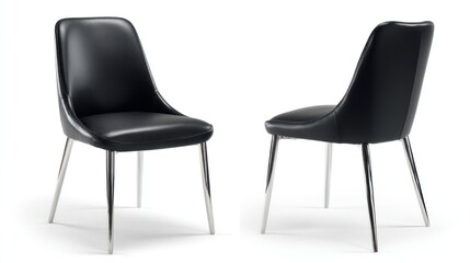 Obraz premium Ergonomic black leather dining chair with polished chrome legs, front and back views, high-resolution, white background