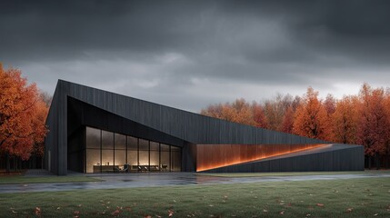 Obraz premium Modern Lines Contemporary Building Amidst Autumnal Splendor.