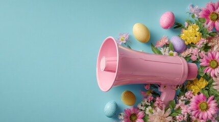 Pastel pink megaphone surrounded by spring flowers and eggs