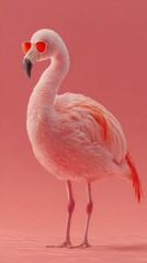 Obraz premium Stylish Flamingo in Red Glasses: A fashionable flamingo wearing stylish red sunglasses stands out in a vibrant, pink-themed environment, exuding a cool and trendy vibe.