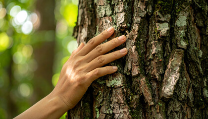 Textured Bark Embrace: Hand on Rough Tree in Forest Light