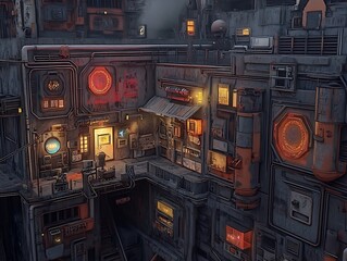 A Cyberpunk City of Blocks with Soft-Glowing, Sharp, Angular, and Minimal Buildings, an Aerial View