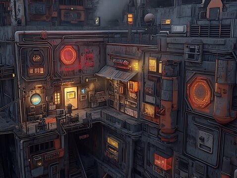 A Cyberpunk City of Blocks with Soft-Glowing, Sharp, Angular, and Minimal Buildings, an Aerial View