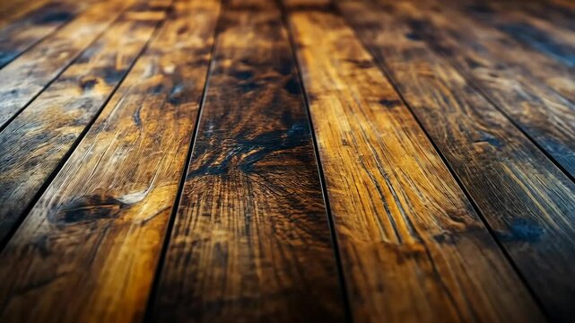 Richly textured dark brown wood planks converge in perspective.  Deep color variations and grain details are visible