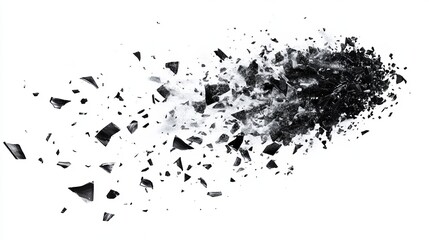 Abstract monochrome image depicting a dark mass exploding into numerous fragments against a stark white backdrop