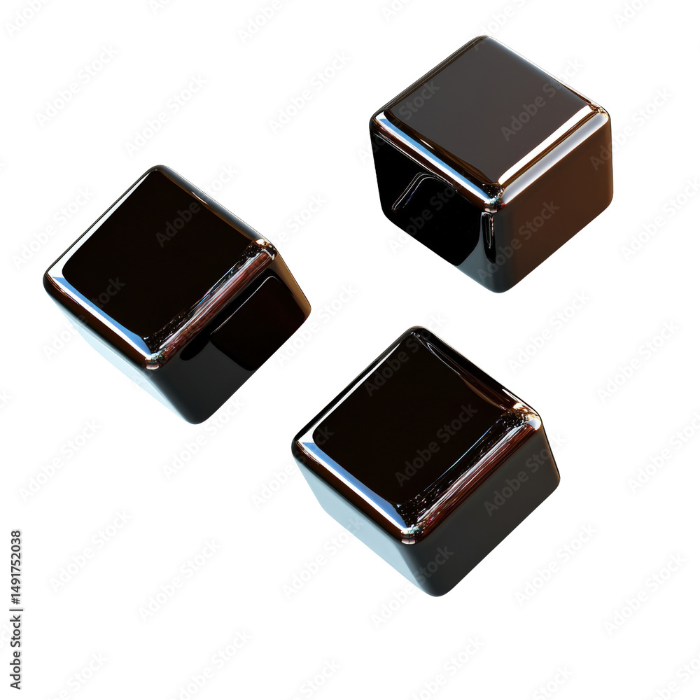 Poster modern black glossy cubed objects with reflective surfaces arranged against a white background for d