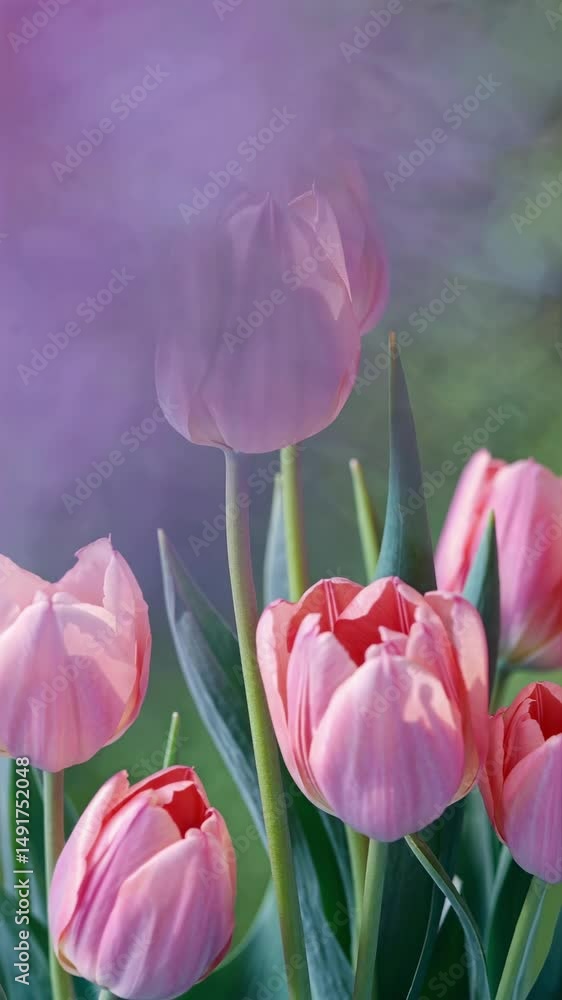 Poster close-up of pink tulips with a soft bokeh background, captured from a low angle, creating a dreamy, 