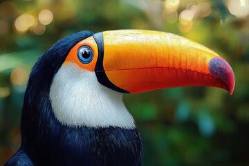 close-up of a toucan with vibrant orange beak and blue eye against a blurred green background