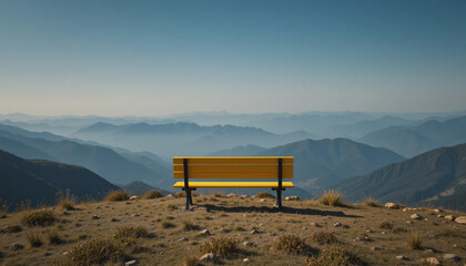 Solitary yellow bench mountaintop vista serenity