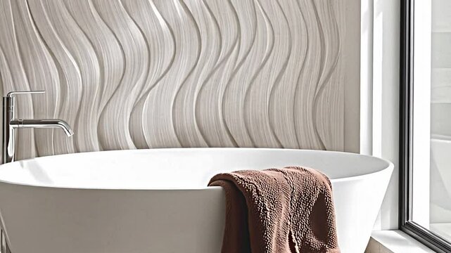 the bathroom is bathed in light, enhancing its clean and modern aesthetic. a prominent wall is clad in a rhythmic pattern of light colored wood strips, creating a dynamic visual effect