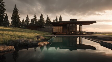 Fototapeta premium Modern mountain home reflecting in pool with sunset light, and luxury architecture.