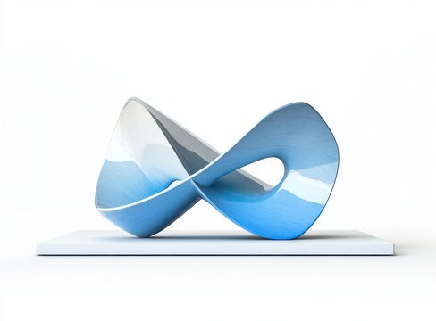 smooth abstract blue and white sculpture with curved infinite loop shape on white rectangular base