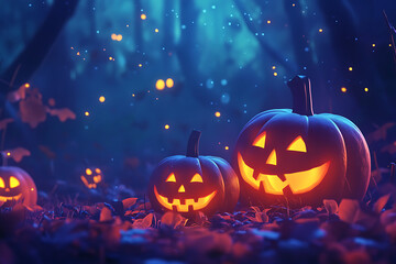 Spooky Halloween pumpkins glowing in a mystical forest with enchanting blue lights