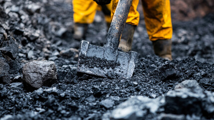 Naklejka premium Worker digging coal in mine wearing yellow overalls