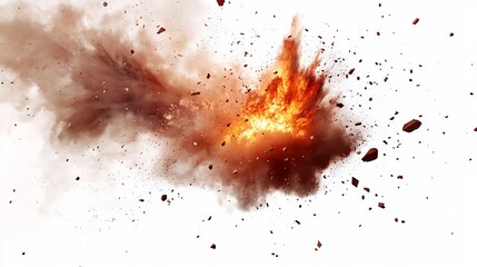 Fiery explosion with debris and smoke against a white background