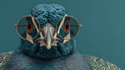 Smart Bird Portrait: A meticulously crafted studio shot depicts a curious bird adorned with vintage spectacles, exuding an intellectual charm with its expressive eyes and inquisitive gaze.