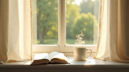 Fototapeta premium Serene Morning A steaming mug of coffee, an open book, and sunlight streaming through sheer curtains onto a windowsill creating a tranquil atmosphere of quiet contemplation.