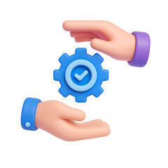 3D Render of Hands Protecting a Checked Gear, Representing Quality Control and Process Success