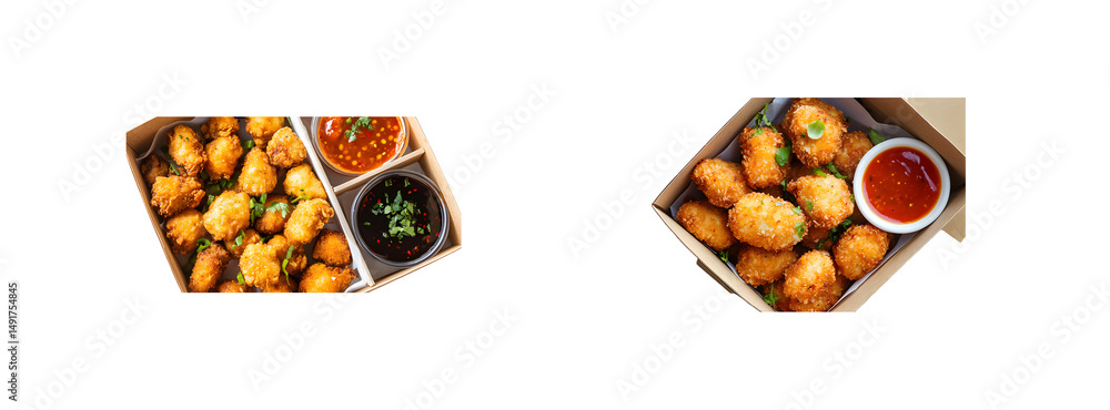 Poster set of crispy food items served with dipping sauces in boxes. isolated on transparent background