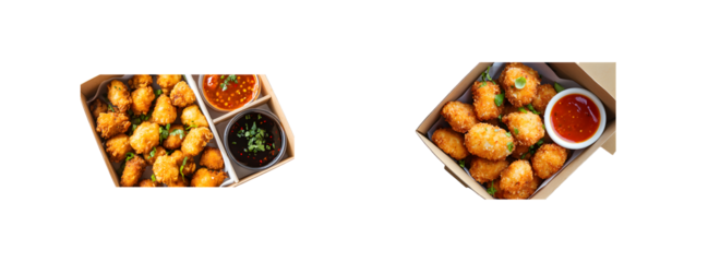 Set of Crispy food items served with dipping sauces in boxes. isolated on transparent background