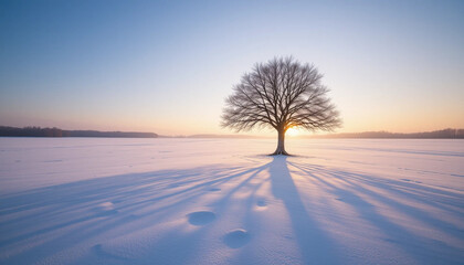 Solitary tree in snowy winter landscape sunset