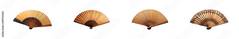 Poster multiple antique fans in a horizontal row. isolated on transparent background