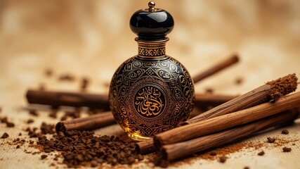 Arabic Oud Perfume and Agarwood on a Soft Beige Surface