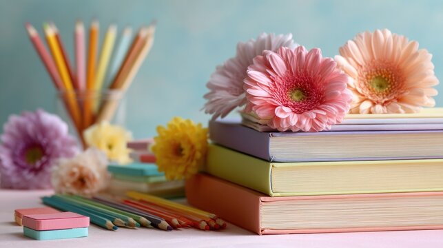 Pastel colored books, flowers, and pencils on a table