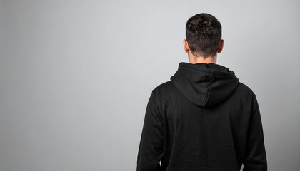 Rear View of a Man in a Black Hoodie Against a Gray Background